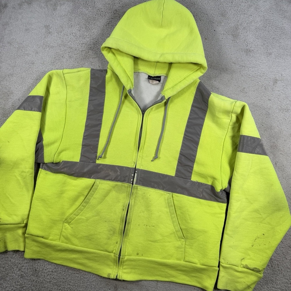 Vintage Camber Hoodie Mens Large Yellow Hi Vis Thermal Waffle Lined Zip Made USA